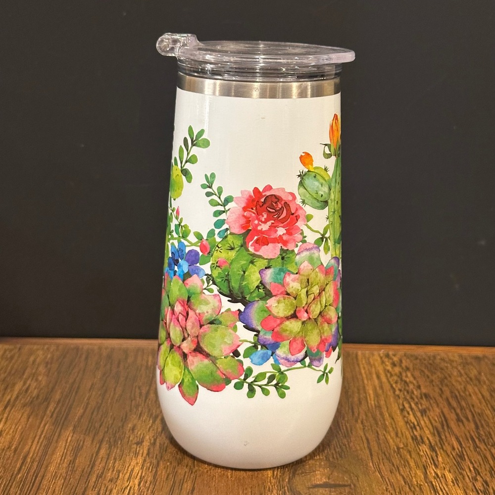 BruMate Champagne Flute Desert Plant Succulent Insulated Tumbler White 12oz